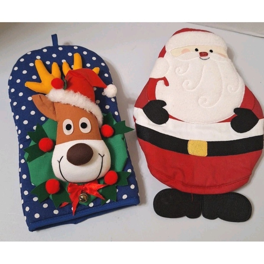 Set of 2 Vintage Novelty Reindeer/Santa 3D Oven Mitt Pot Holder Winfield Trading
